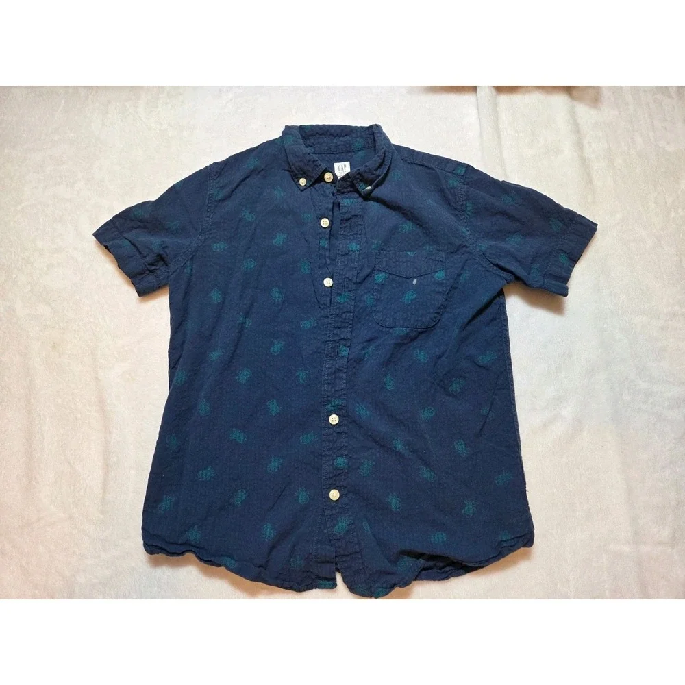280 | GAP Kids Boys L 10 Navy Blue Pineapple Print Short Sleeve Button Down...